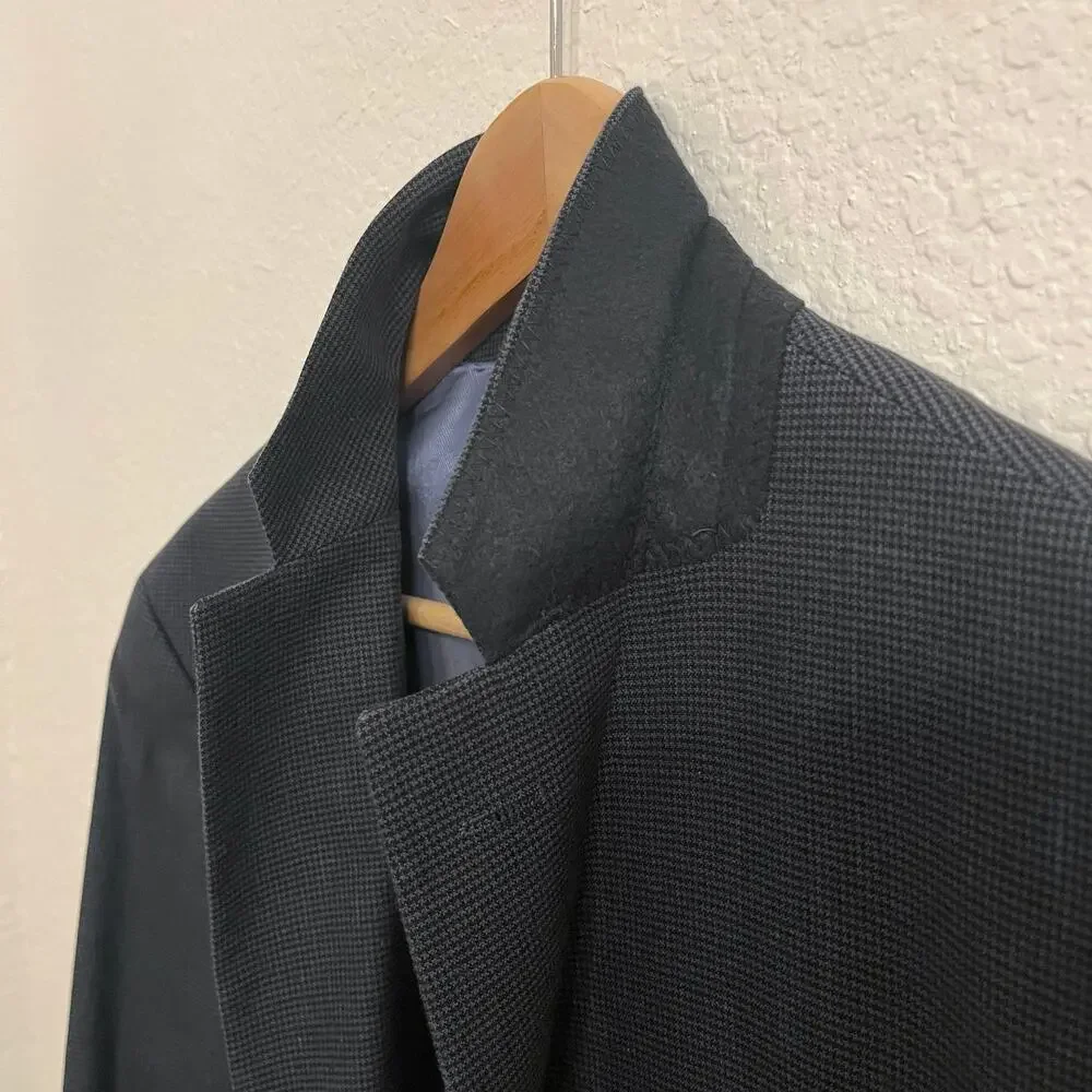 Jos A Bank Linen Cotton Houndstooth Blazer 40L Navy Tailored Fit Elbow Patches